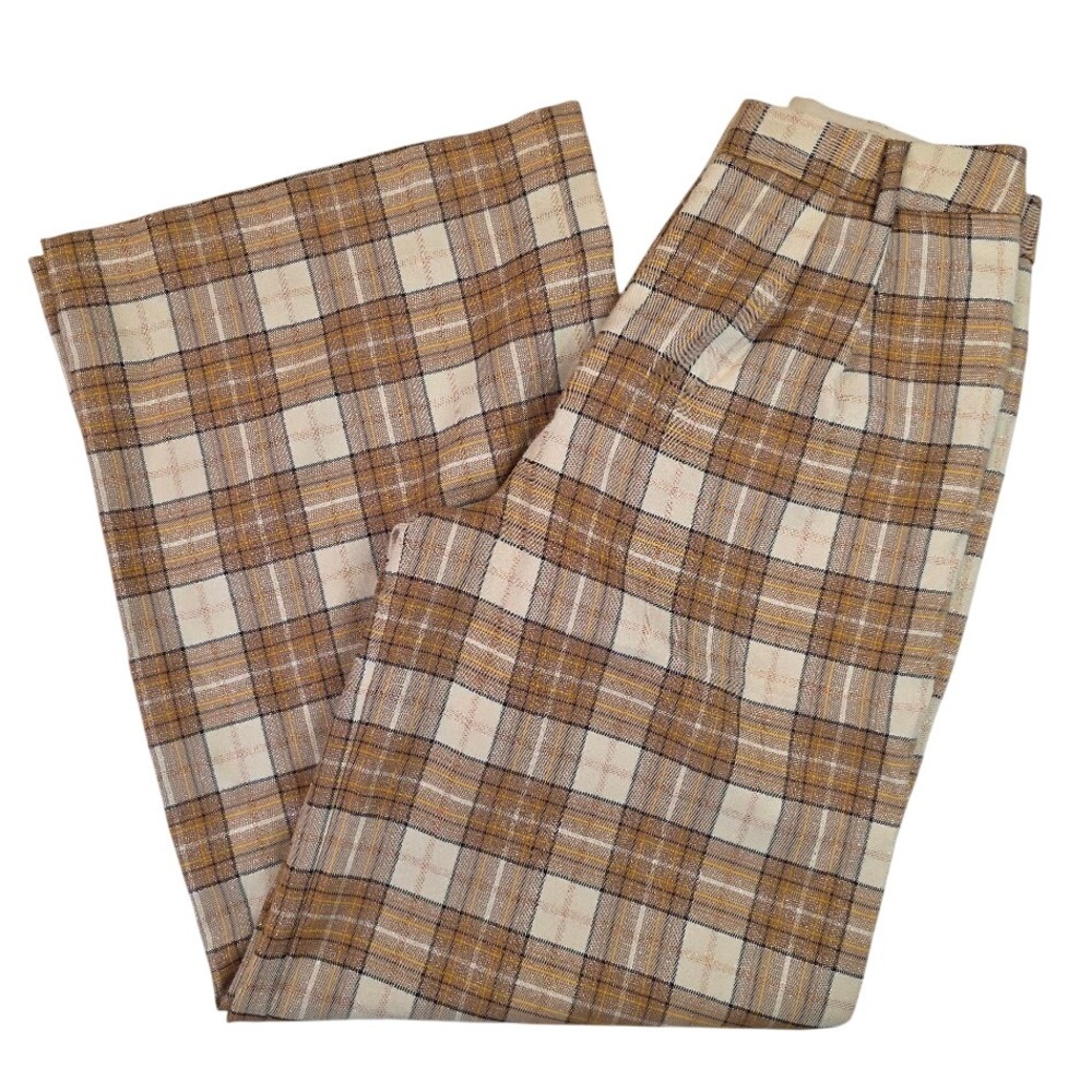 Hutch Anthropologie Sz 4 Wide Leg Pleated Trousers Tan Plaid Metallic High Rise